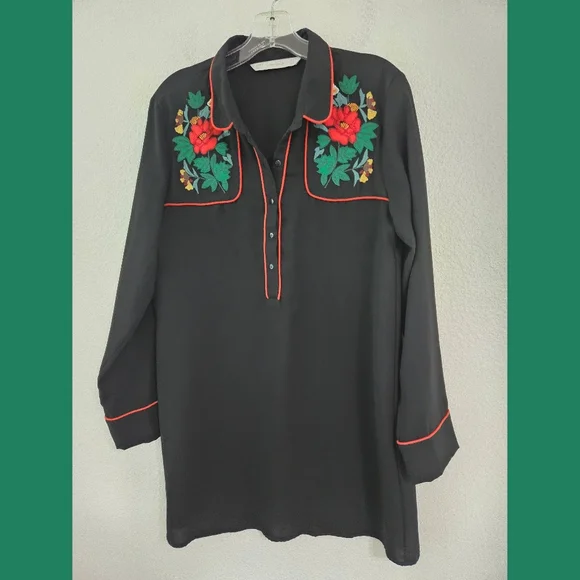 Zara | Dresses | Zara Trafaluc Black Long Sleeve Embroidered Shirt Dress  Medium